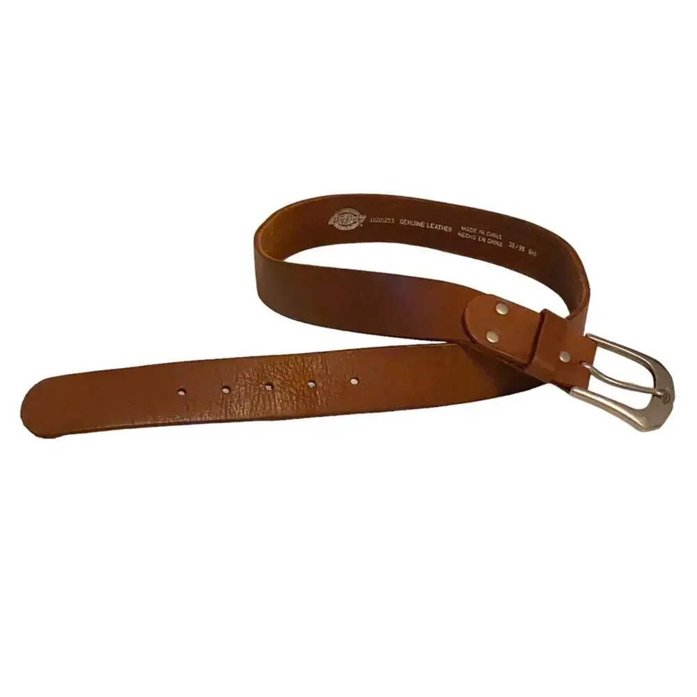 Men's Brown Dickies Genuine Leather Belt Size 38 with silver buckle